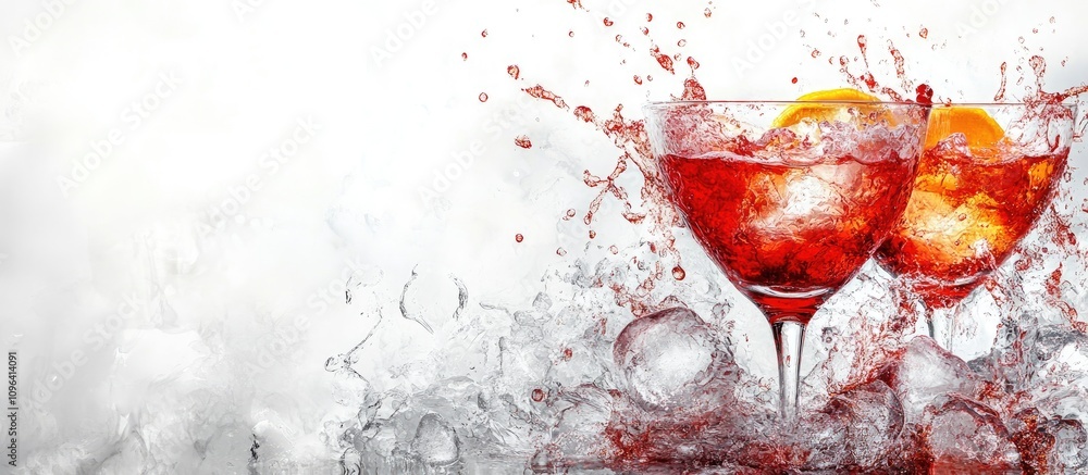 Poster refreshing red cocktail splashing in a glass with orange garnishes against a clean white background 