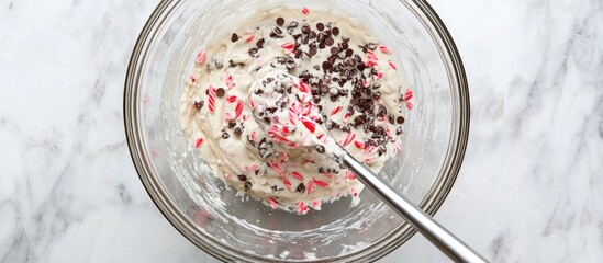 Mixing cookie dough with peppermint chips in a large glass bowl on a marble countertop