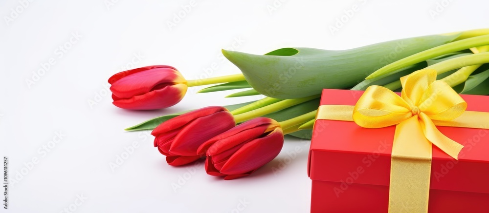Poster red gift box and vibrant tulips on a white background creating a cheerful and elegant atmosphere ide