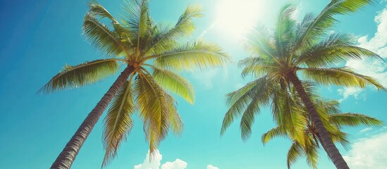 Naklejka premium Coconut palms under a vibrant blue sky with radiant sunlight illuminating tropical paradise scenery