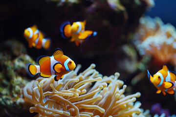 Fantastically beautiful bright clownfish swims in deep sea among corals