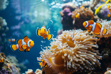 Fantastically beautiful bright clownfish swims in deep sea among corals