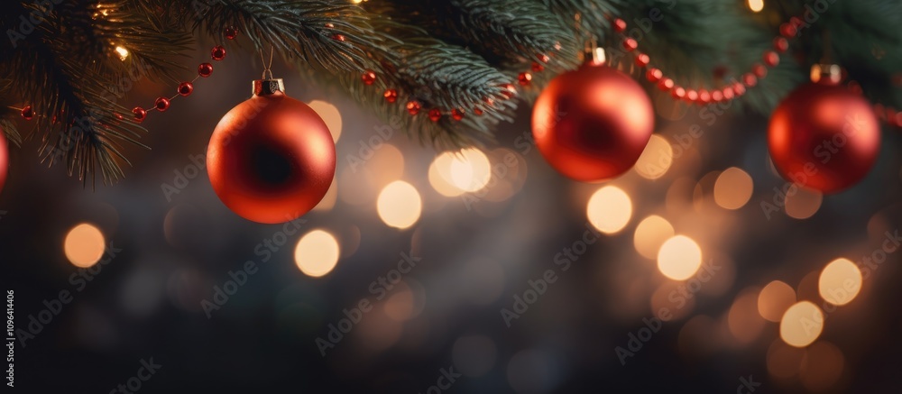 Aufkleber red christmas ornaments on fir branches with warm garland lights creating a festive and cozy holiday