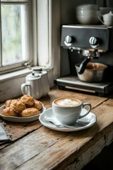 Fototapeta premium Coffee, pastries, espresso machine, rustic window.