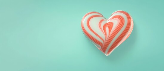 Heart-shaped hard candy cane on mint green background creating a festive and sweet decorative element for holiday themes and celebrations