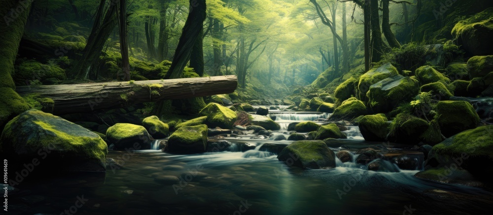 Poster tranquil forest stream surrounded by lush greenery and moss-covered rocks in a serene natural settin