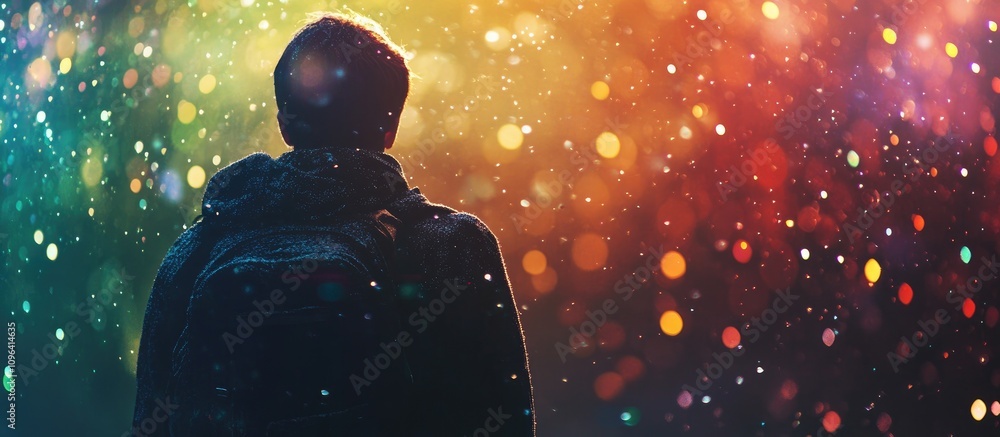 Poster colorful bokeh lights backdrop with a silhouette of a person against a dark background creating a dr