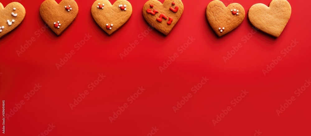 Poster heart shaped cookies decorated with colorful sprinkles on a vibrant red background creating a festiv