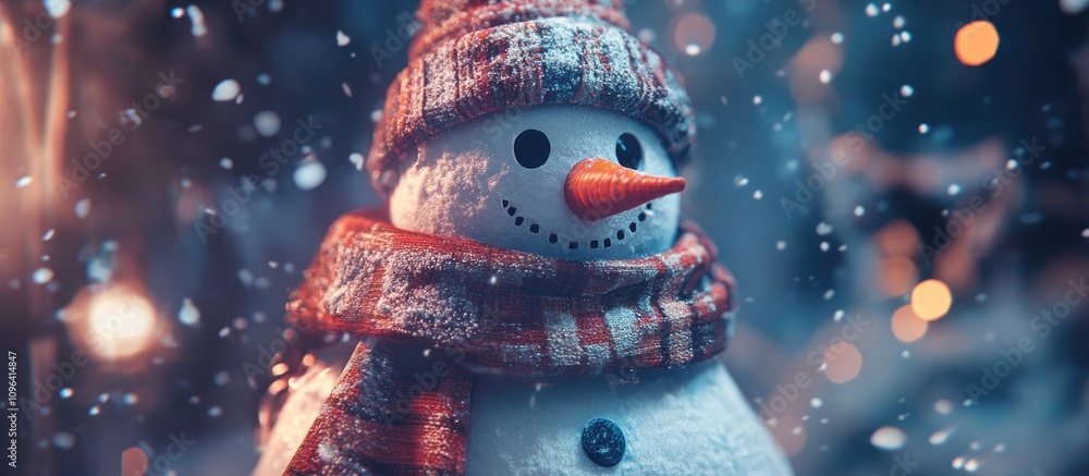 Aufkleber Charming snowman wearing a colorful scarf in a winter setting with selective focus and a soft noise effect creating a magical atmosphere