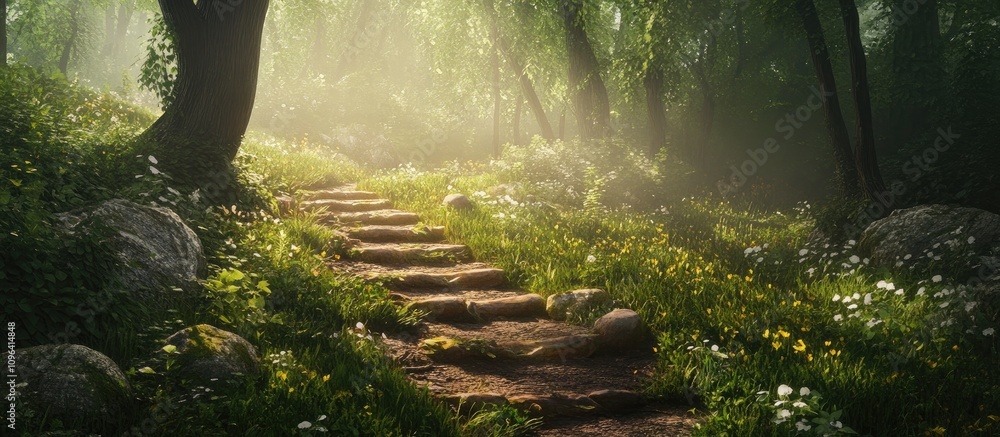Poster mysterious forest pathway illuminated by soft sunlight through lush greenery and wildflowers