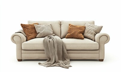Beige couch, patterned pillows, cozy throw blanket.
