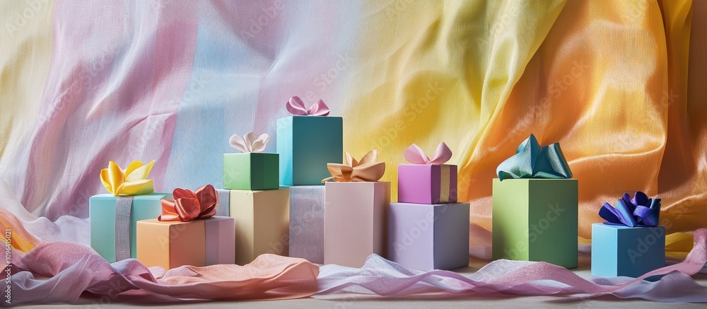 Poster colorful gift boxes arranged against a vibrant backdrop with soft ribbons creating a festive and cha