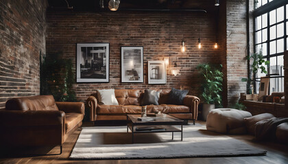 Fototapeta premium A cozy wooden living room with a fireplace, inviting chairs, and a warm glow