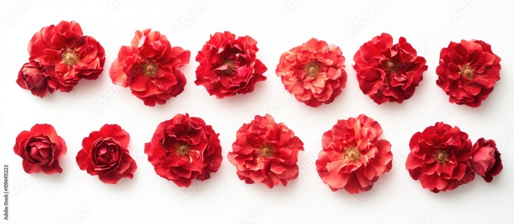 Aufkleber Red roses arranged neatly on a white background offering ample space for text and design elements in a top view flat lay format.