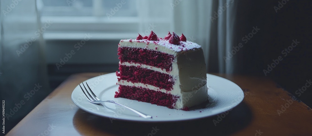 Poster red velvet cake slice on a white plate with fork in a cozy indoor setting showcasing its rich textur