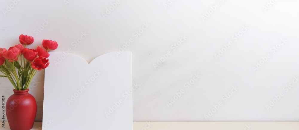 Poster heart-shaped vase with red flowers and a blank notebook on a white background showcasing copy space 