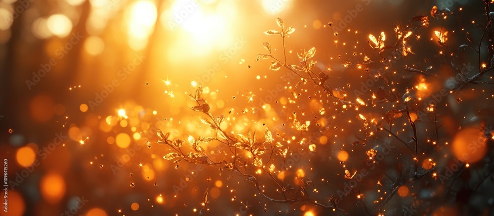 Poster Sunlit Nature Preserve with Illuminated Branches and a Swarm of Glimmering Insects in a Serene Outdoor Setting