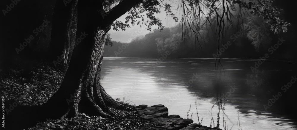 Aufkleber serene black and white riverside landscape with trees reflecting in calm water at dawn or dusk ideal