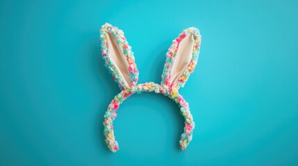 Festive bunny ears headband with colorful embellishments on a vibrant turquoise background designed for playful celebrations and events