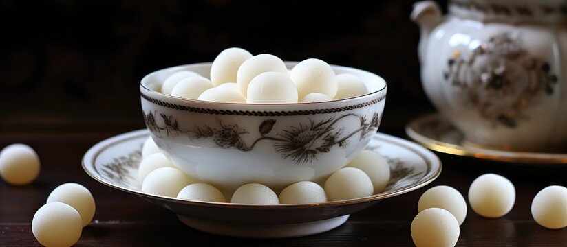 Kazakh kurt white salted spheres in cup on table with traditional china showcasing cultural food presentation