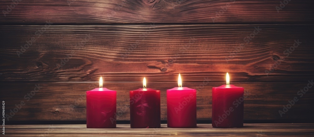 Poster four red advent candles glowing on a rustic wooden surface with a blank space for text in a nostalgi