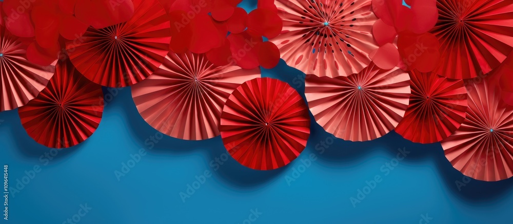 Aufkleber colorful red paper fans and decorative elements arranged against a vibrant blue background creating 