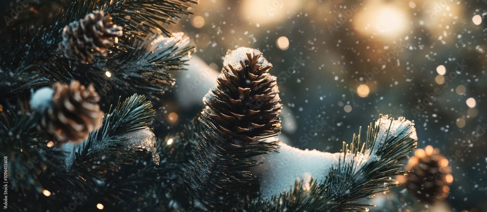 Poster Snow-covered conifer tree branches adorned with rustic pine cones in a serene winter landscape with sparkling bokeh lights.