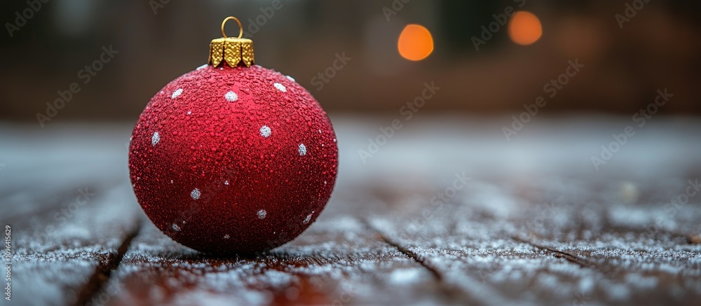 Poster festive red christmas ornament with white spots placed on a wooden surface dusted with snow creating