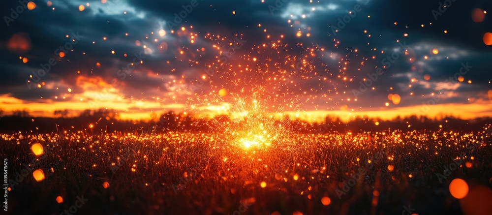 Poster romantic sunset with sparkling firework display creating a magical evening atmosphere in a natural s