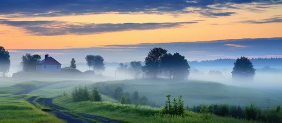 Peaceful countryside at dawn with fog enveloping lush fields and silhouettes of trees under a colorful sky in early summer.