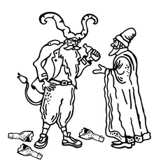 Sketch showing Krampus drinking beer while Saint Nicholas scolds him, highlighting a humorous twist on traditional folklore.