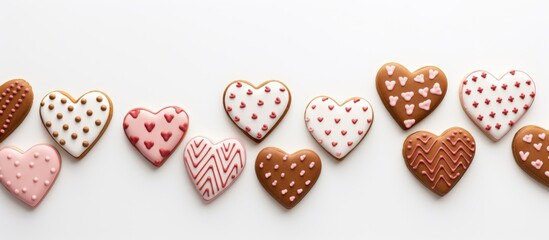 Heart-shaped cookies decorated with icing arranged on a white background perfect for Valentine's Day or sweet occasions.