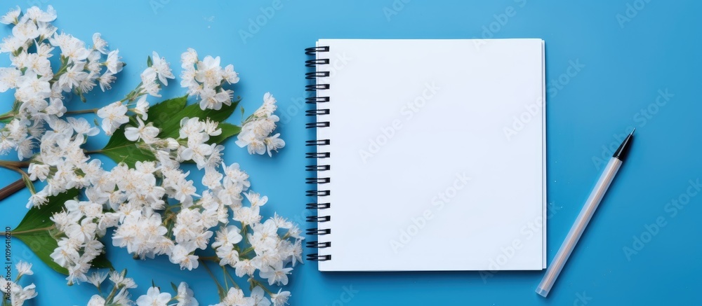 Poster blank notebook and pen on a blue background surrounded by white flowers flat lay creative writing co