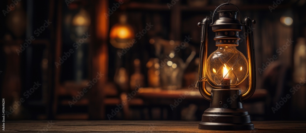 Poster vintage lantern glowing softly in a dimly lit room creating a warm ambiance and nostalgic atmosphere