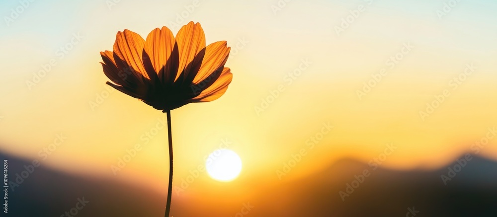 Poster silhouette of a single flower against a vibrant sunset sky with warm hues illuminating the scene and