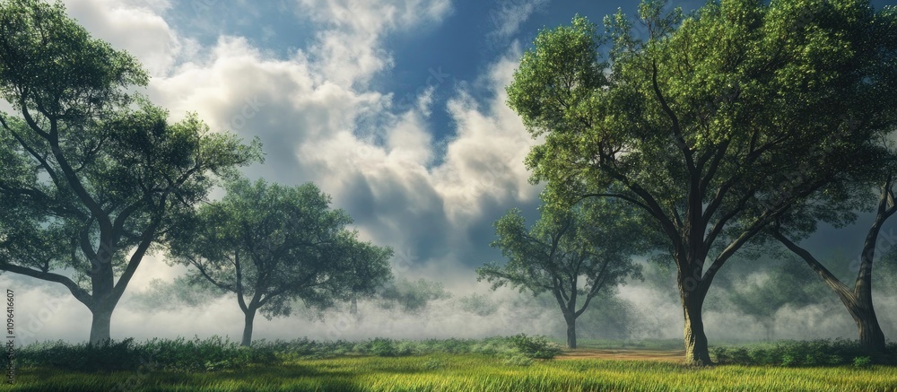 Poster Panoramic view of serene trees under dense clouds and mist creating a tranquil natural landscape with a cool and peaceful ambiance