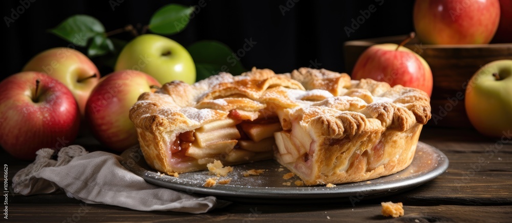 Poster delicious apple pie displayed on a rustic wooden table with fresh apples creating a warm and invitin