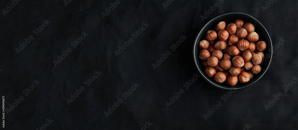 Poster Shelled hazelnuts in a dark bowl on a black textile background aerial view with ample copy space for text or design elements