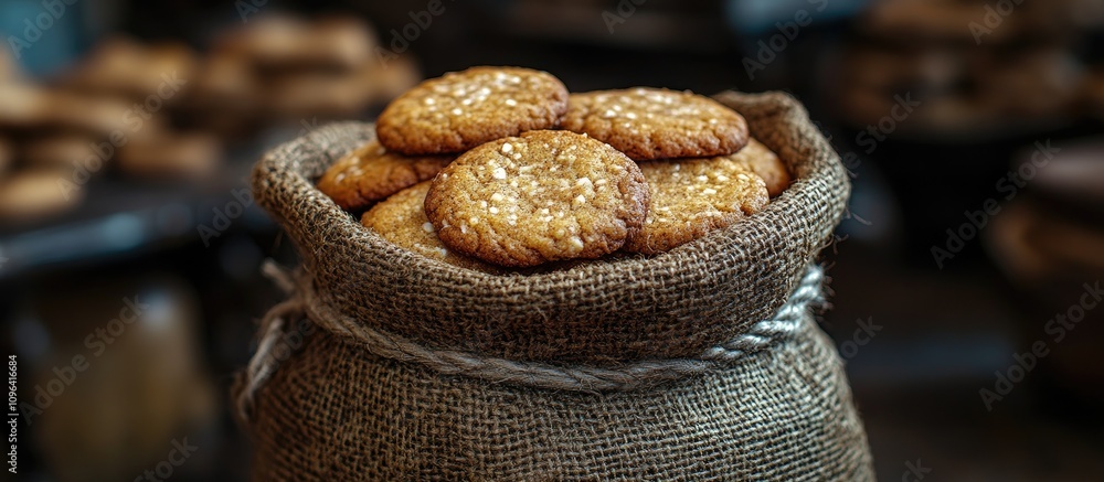 Poster cinnamon cookies displayed in a rustic gunnysack with warm tones highlighting the delicious texture 