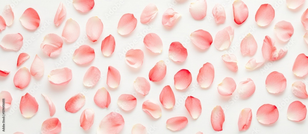 Poster pink rose petals scattered on white background creating an elegant flat lay design ideal for floral 