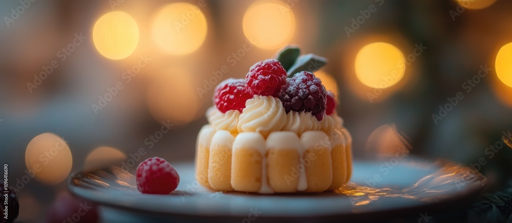 Poster miniature cake adorned with sugar icing and fresh raspberries beautifully presented with a soft boke