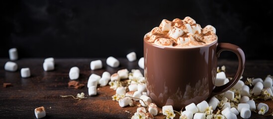 Delicious hot chocolate with marshmallows and popcorn on wooden table perfect for winter cozy themes and culinary advertisements