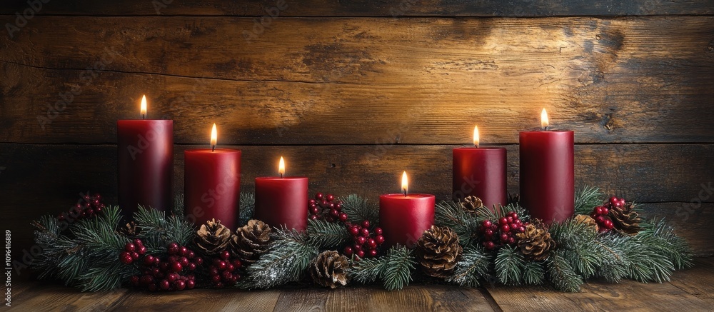 Poster advent wreath with red candles decorated with pinecones and berries on a rustic wooden background cr