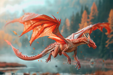 Fantastically mythological dragon with big wide wings