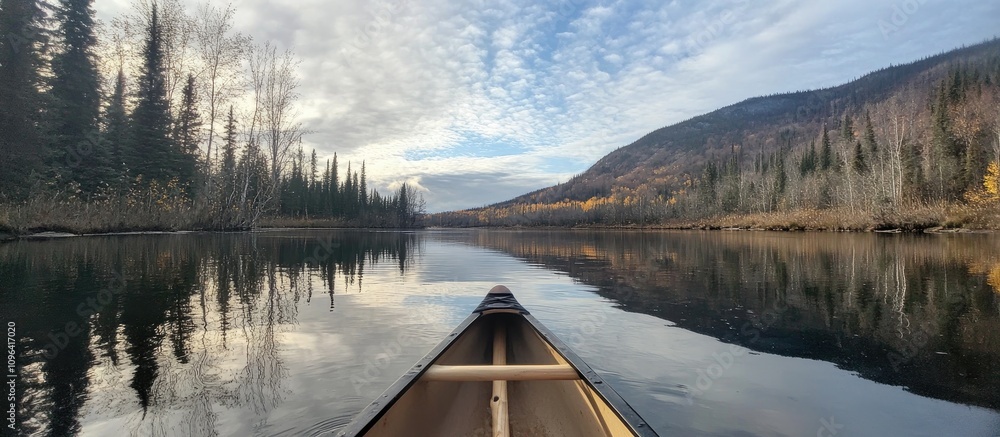 Poster serene canoe journey on a reflective river with scenic forest and sky background