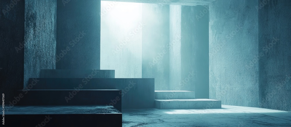 Poster mysterious architectural interior with beams of light illuminating minimalist concrete structure and