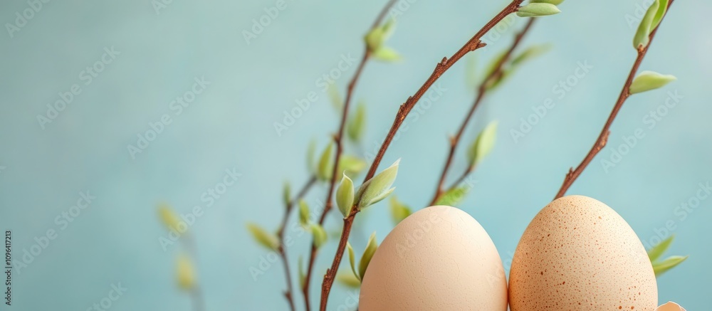Aufkleber natural eggshells and willow branches with green leaves on a blue background creating a serene and f