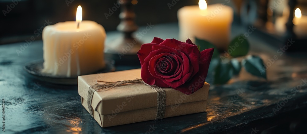 Aufkleber elegant red rose atop a gift box with candles on an antique table creating a romantic and inviting a
