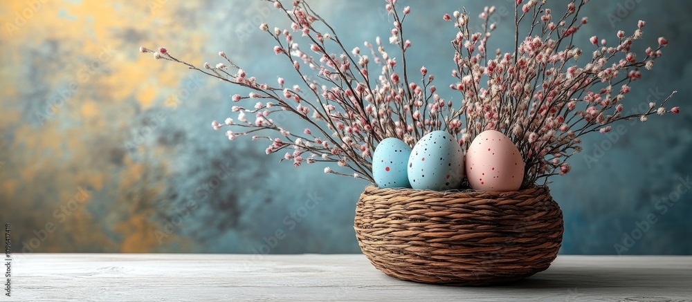 Poster easter eggs in a wicker basket with willow branches on a rustic wooden table against a colorful back