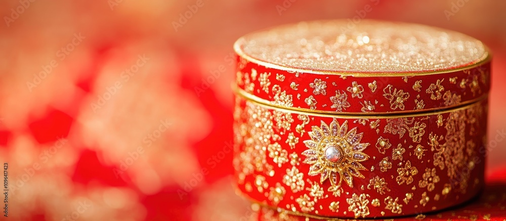 Poster red and gold decorative round box with intricate patterns on a blurred festive background space for 